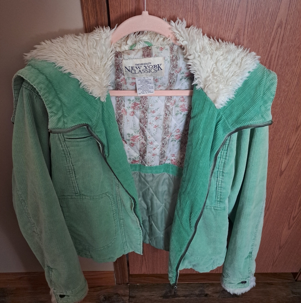Mint Green Corduroy Jacket with Faux Fur Lining